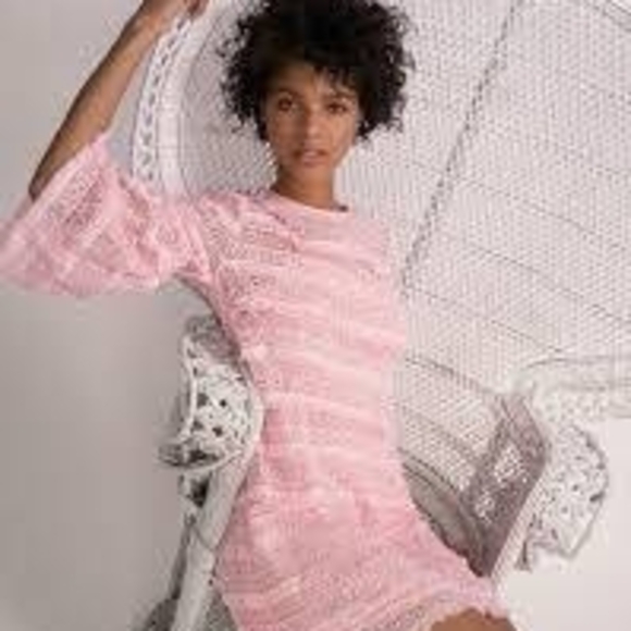 Elegant Pink Lace Ruffle Dress